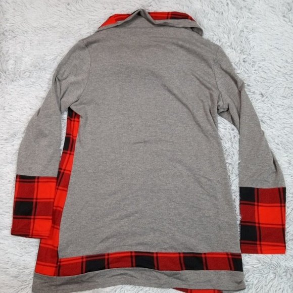Dressfo Womens Sweater Gray 12 Pullover Cowl Neck Faux Buttons Plaid - Picture 2 of 9